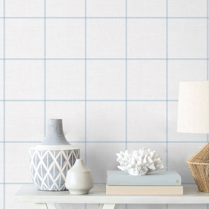 NextWall Peel &amp; Stick Classic Striped Check Sky Blue &amp; Linen Wallpaper image 5 of 6