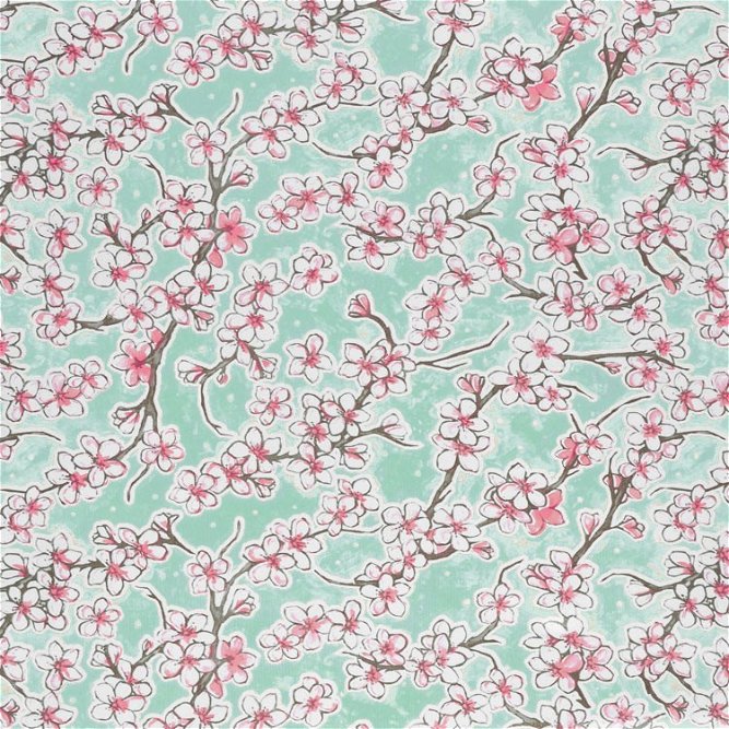 Aqua Cherry Blossoms Oilcloth Fabric