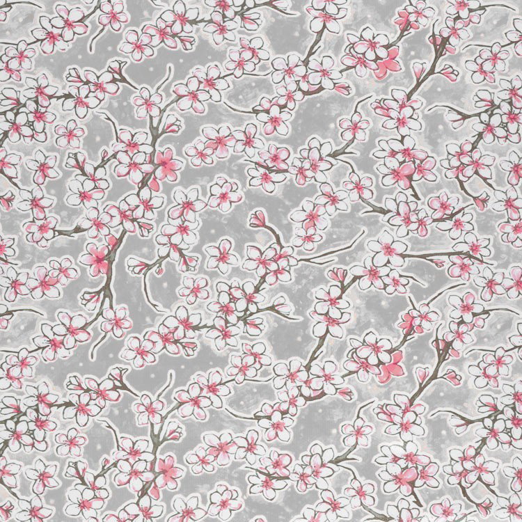 Gray Cherry Blossoms Oilcloth Fabric
