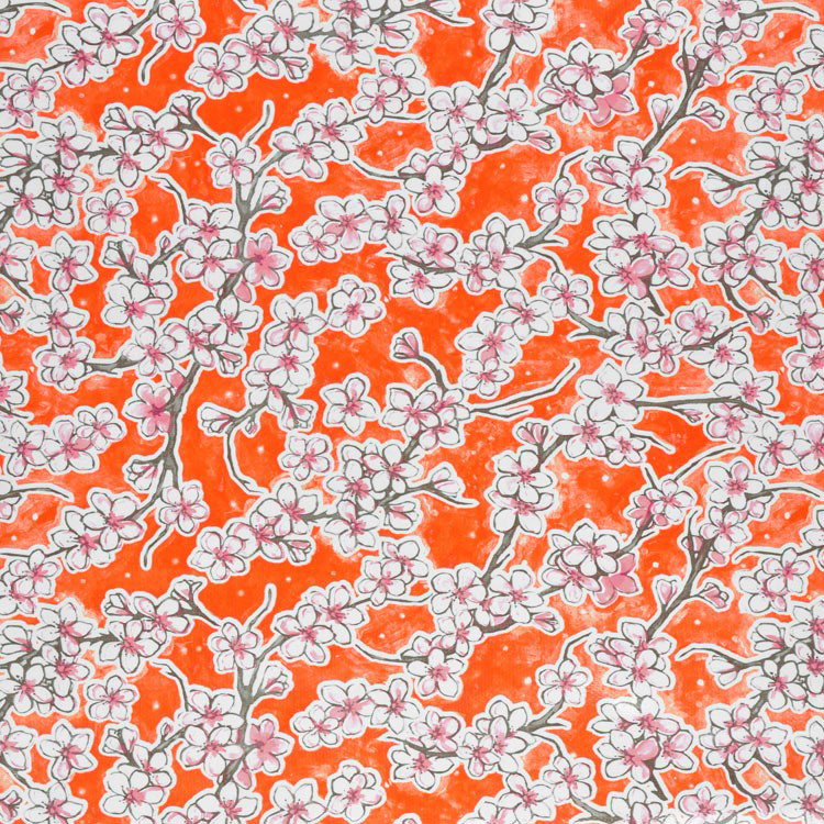 Orange Cherry Blossoms Oilcloth Fabric