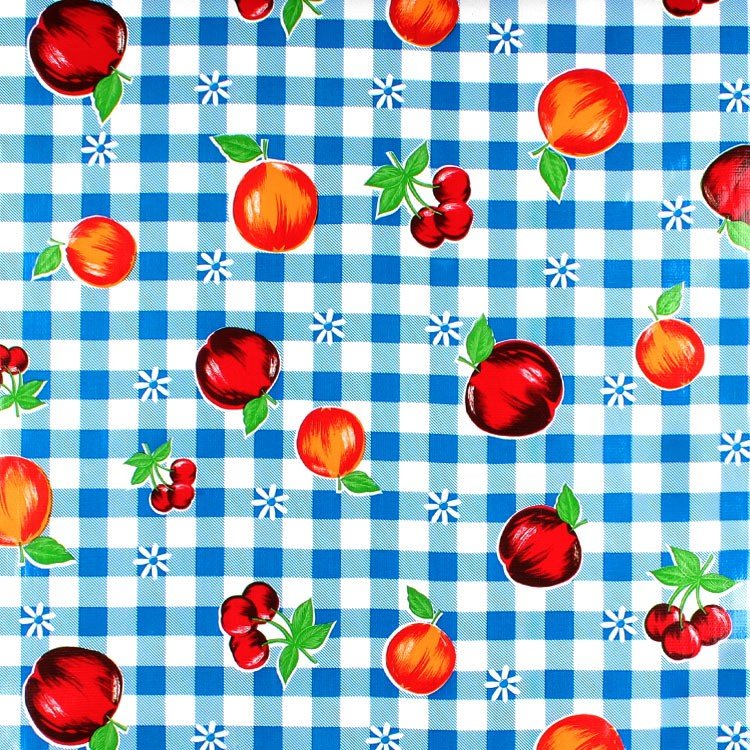 Blue Gingham Fruit Oilcloth Fabric