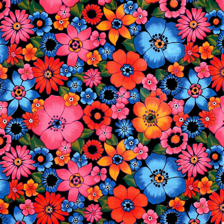 Black Lluvia de Flores Oilcloth Fabric