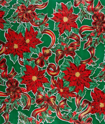 Christmas Ribbon & Holly Green Oilcloth Fabric
