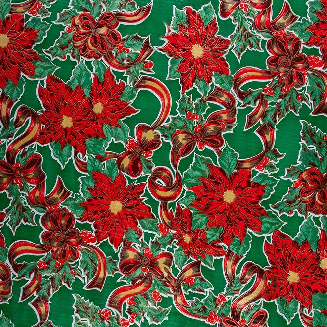 Christmas Ribbon &amp; Holly Green Oilcloth Fabric