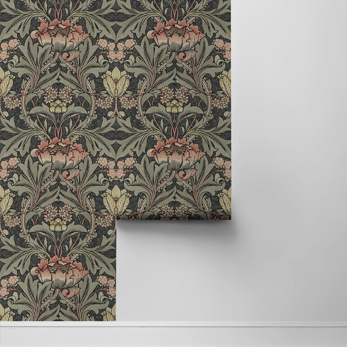 Seabrook Designs Acanthus Floral Charcoal &amp; Rosewood Prepasted Wallpaper image 2 of 4