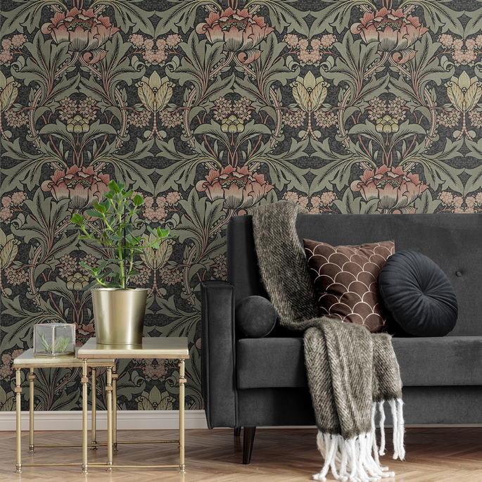 Seabrook Designs Acanthus Floral Charcoal &amp; Rosewood Prepasted Wallpaper image 3 of 4
