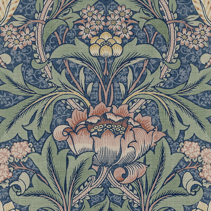 Seabrook Designs Acanthus Floral Denim Blue &amp; Salmon Prepasted Wallpaper image 1 of 4