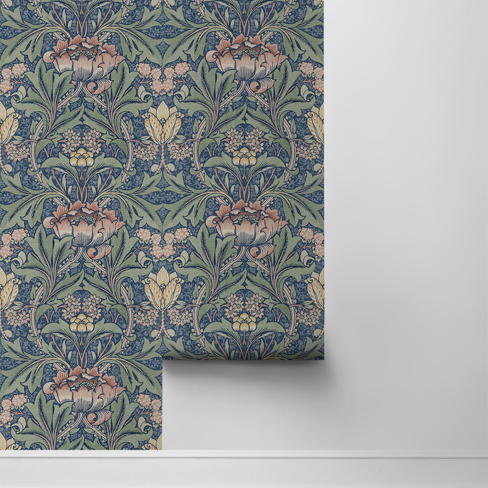 Seabrook Designs Acanthus Floral Denim Blue &amp; Salmon Prepasted Wallpaper image 2 of 4