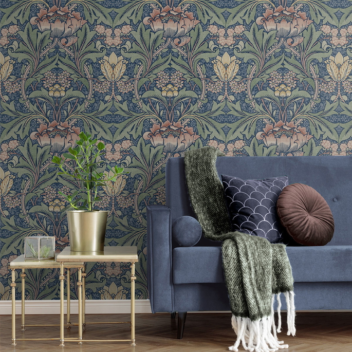 Seabrook Designs Acanthus Floral Denim Blue &amp; Salmon Prepasted Wallpaper image 3 of 4