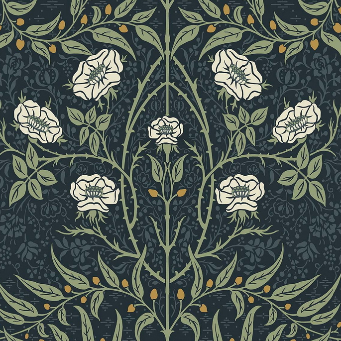 Seabrook Designs Stenciled Floral Navy &amp; Sage Prepasted Wallpaper image 1 of 4