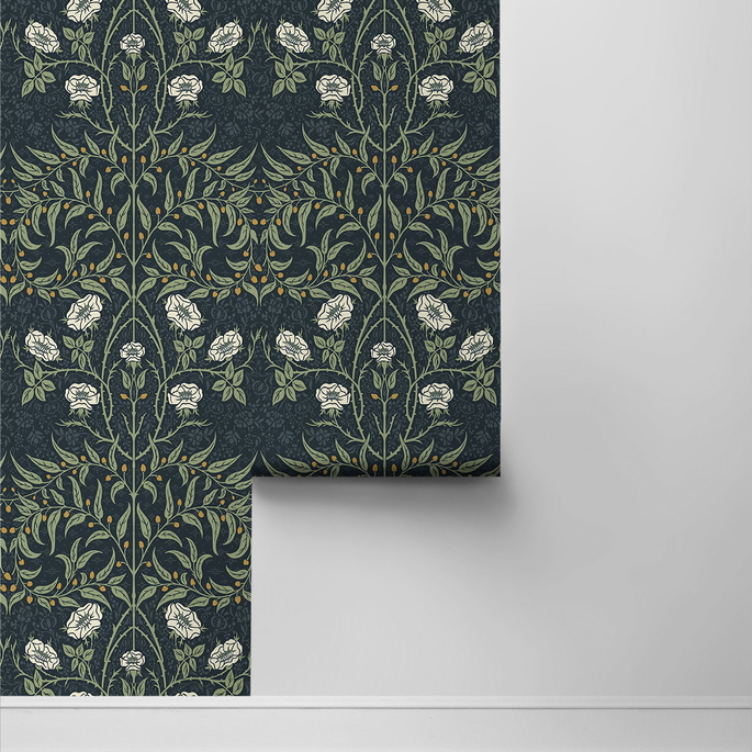 Seabrook Designs Stenciled Floral Navy &amp; Sage Prepasted Wallpaper image 2 of 4