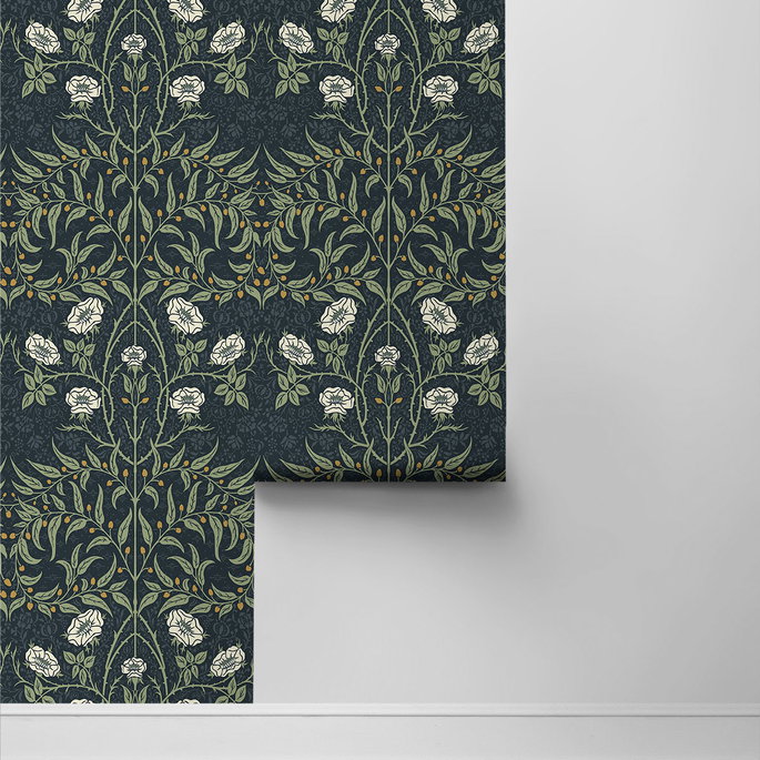 Seabrook Designs Stenciled Floral Navy &amp; Sage Prepasted Wallpaper image 2 of 4