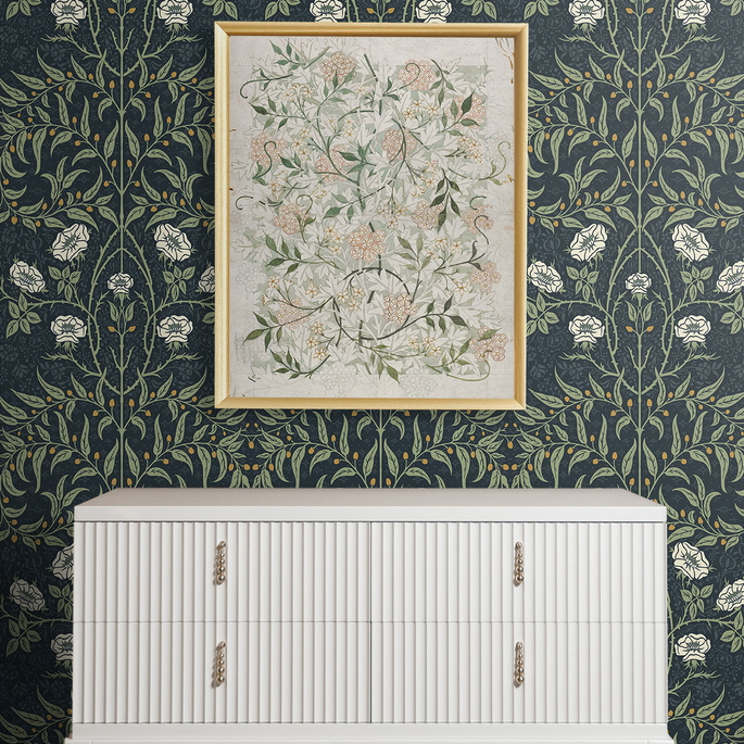 Seabrook Designs Stenciled Floral Navy &amp; Sage Prepasted Wallpaper image 3 of 4