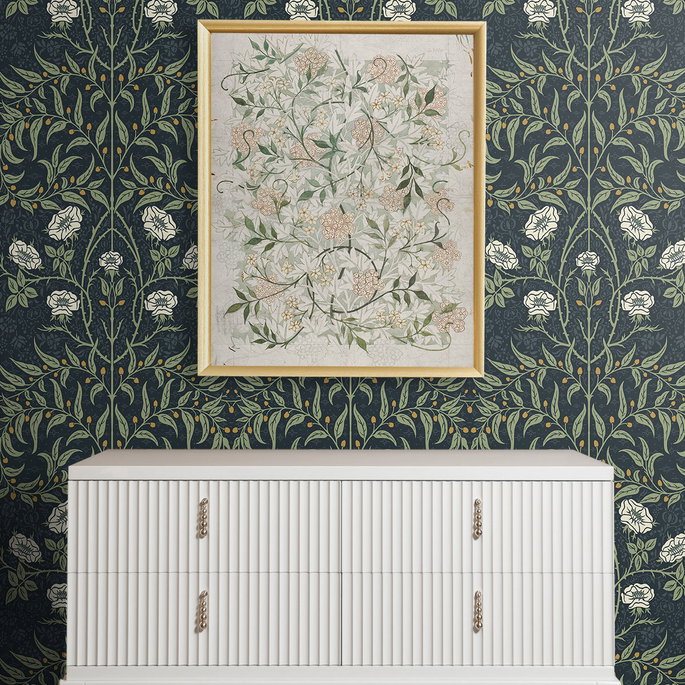 Seabrook Designs Stenciled Floral Navy &amp; Sage Prepasted Wallpaper image 3 of 4