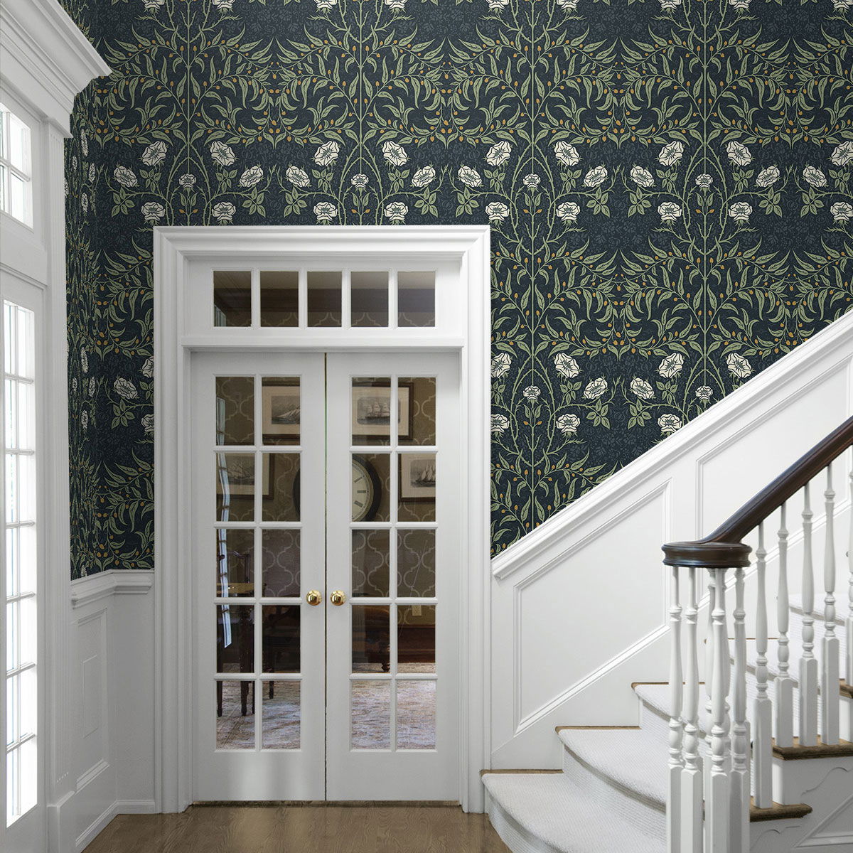 Seabrook Designs Stenciled Floral Navy & Sage Prepasted Wallpaper 