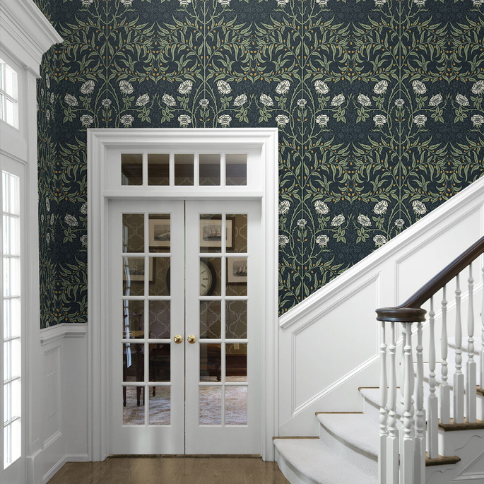 Seabrook Designs Stenciled Floral Navy &amp; Sage Prepasted Wallpaper image 4 of 4