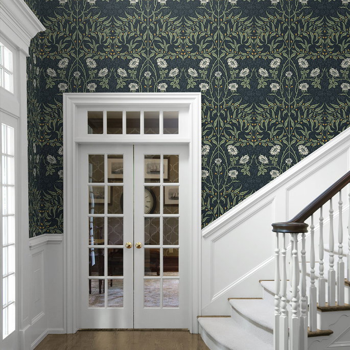Seabrook Designs Stenciled Floral Navy &amp; Sage Prepasted Wallpaper image 4 of 4