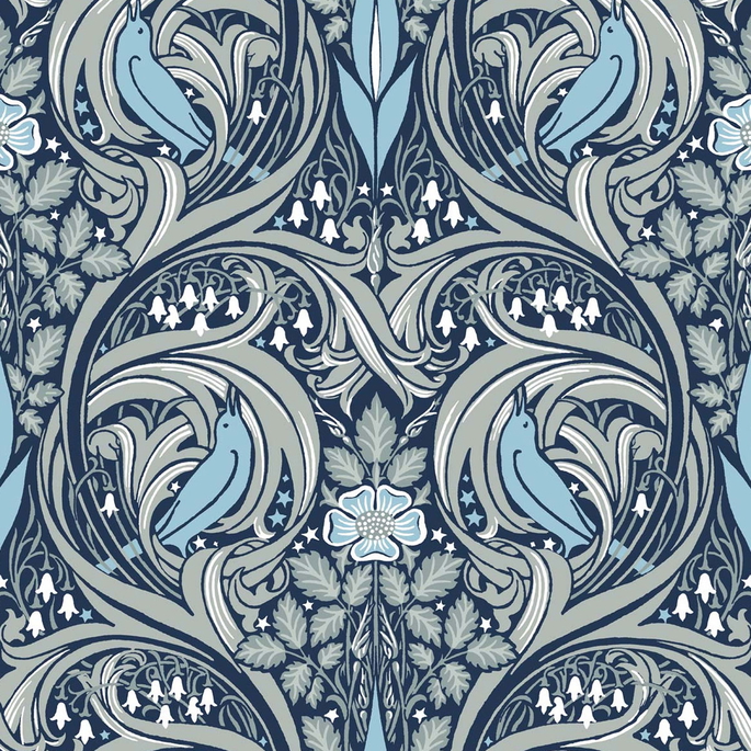 Seabrook Designs Bird Ogee Navy &amp; Sky Blue Prepasted Wallpaper image 1 of 4