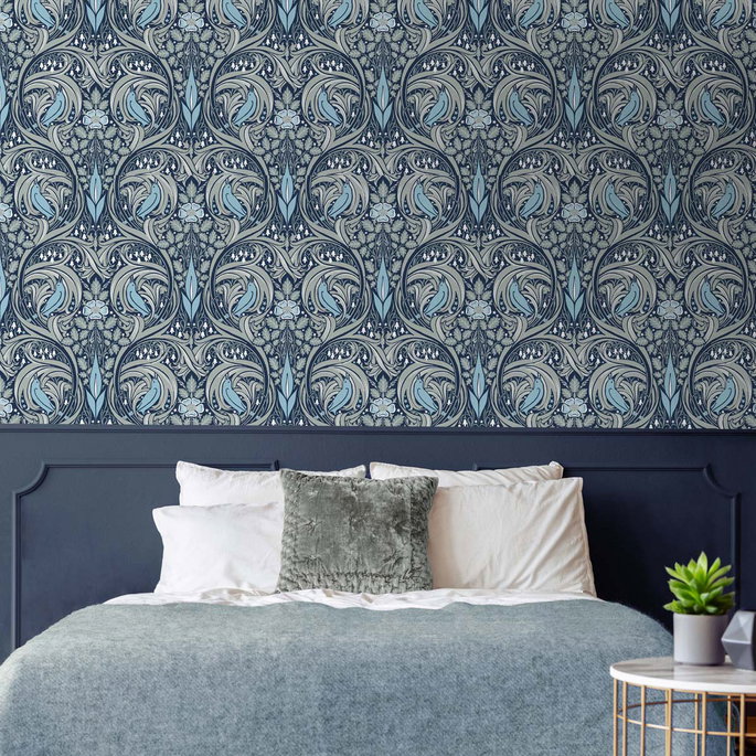 Seabrook Designs Bird Ogee Navy &amp; Sky Blue Prepasted Wallpaper image 2 of 4
