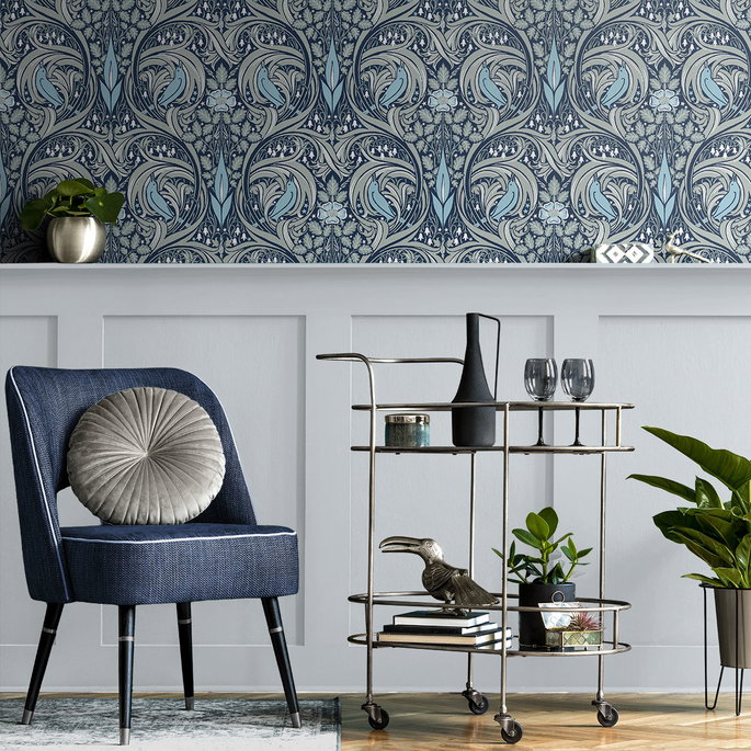 Seabrook Designs Bird Ogee Navy &amp; Sky Blue Prepasted Wallpaper image 3 of 4