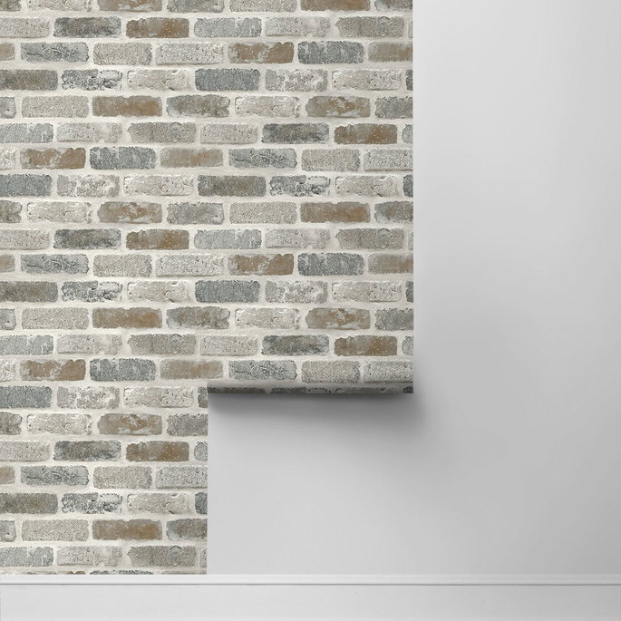Seabrook Designs Washed Faux Brick Neutral Prepasted Wallpaper image 2 of 3