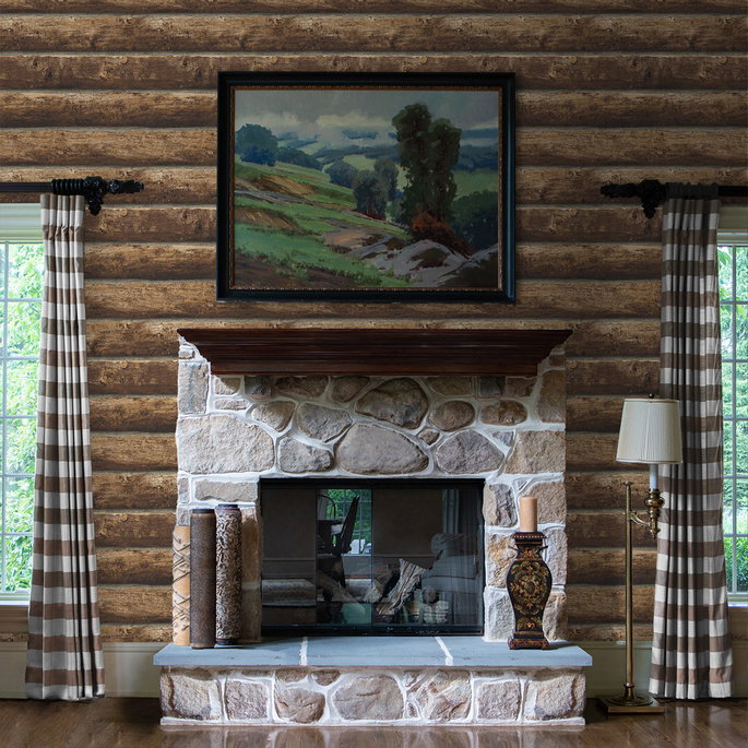 Seabrook Designs Faux Log Cabin Walnut Prepasted Wallpaper image 2 of 4