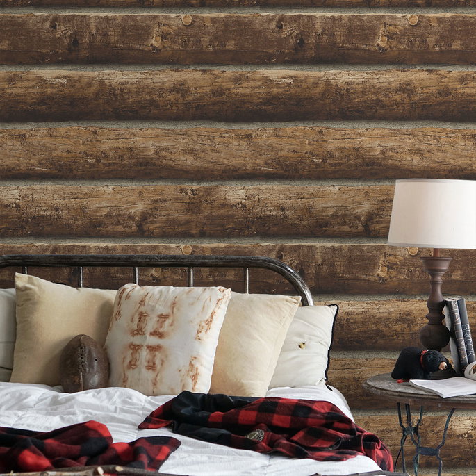 Seabrook Designs Faux Log Cabin Walnut Prepasted Wallpaper image 3 of 4