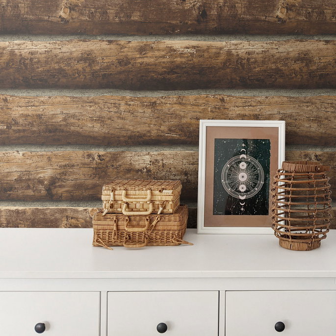 Seabrook Designs Faux Log Cabin Walnut Prepasted Wallpaper image 4 of 4
