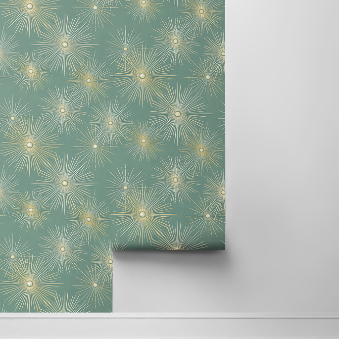 Seabrook Designs Starburst Geo Teal &amp; Gold Prepasted Wallpaper image 2 of 4