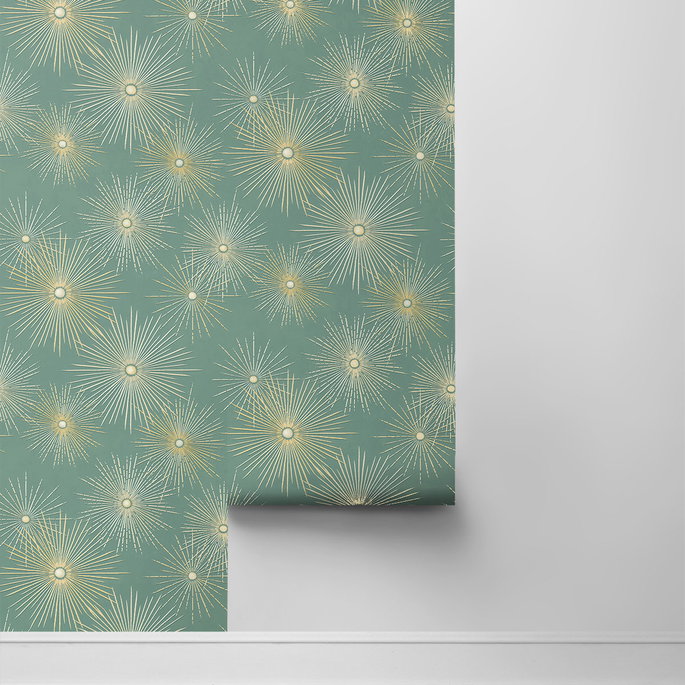 Seabrook Designs Starburst Geo Teal &amp; Gold Prepasted Wallpaper image 2 of 4