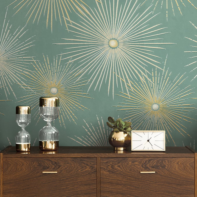 Seabrook Designs Starburst Geo Teal &amp; Gold Prepasted Wallpaper image 4 of 4