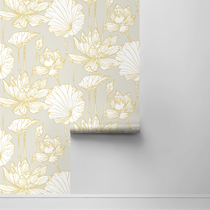 Seabrook Designs Lotus Floral Grey &amp; Gold Prepasted Wallpaper image 2 of 4