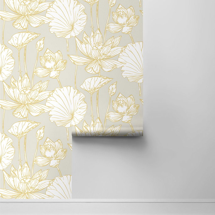 Seabrook Designs Lotus Floral Grey &amp; Gold Prepasted Wallpaper image 2 of 4