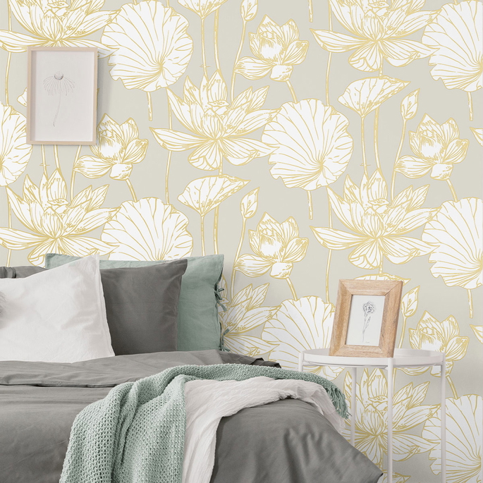 Seabrook Designs Lotus Floral Grey &amp; Gold Prepasted Wallpaper image 3 of 4