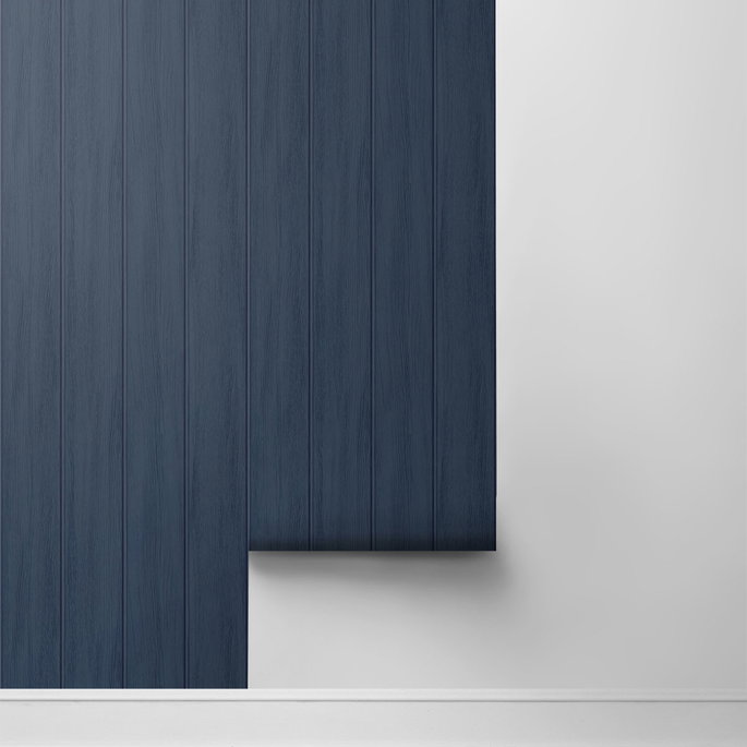 Seabrook Designs Faux Wood Panel Naval Blue Prepasted Wallpaper image 2 of 4
