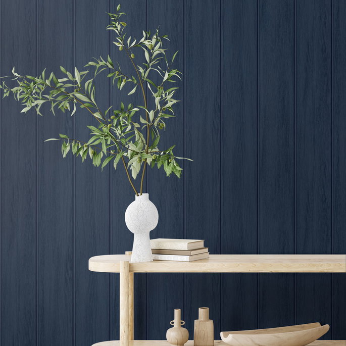 Seabrook Designs Faux Wood Panel Naval Blue Prepasted Wallpaper image 3 of 4