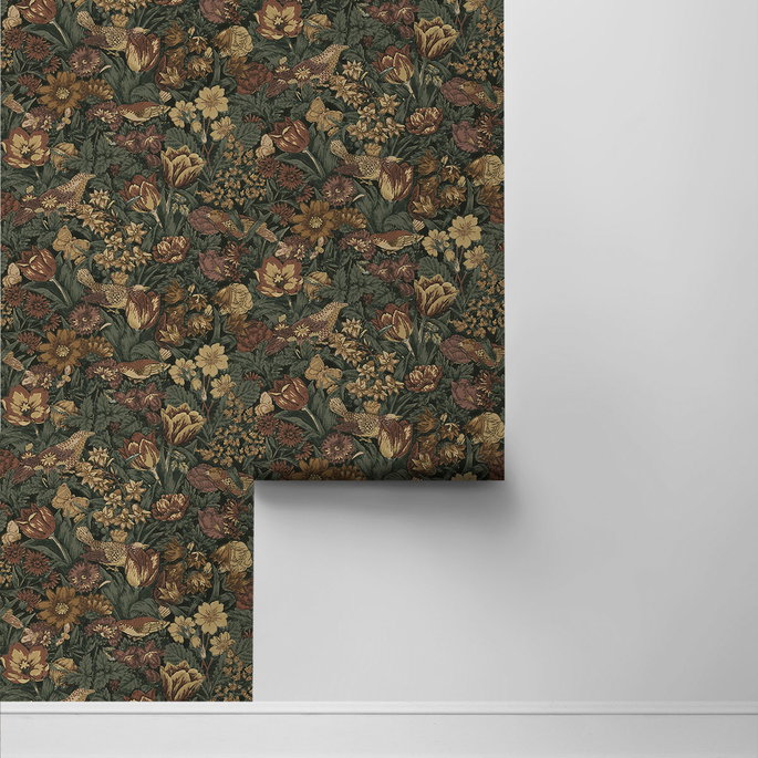Seabrook Designs Bird Floral Mahogany &amp; Graphite Prepasted Wallpaper image 2 of 4