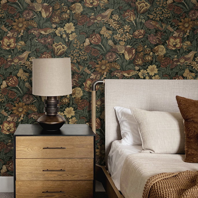 Seabrook Designs Bird Floral Mahogany &amp; Graphite Prepasted Wallpaper image 3 of 4