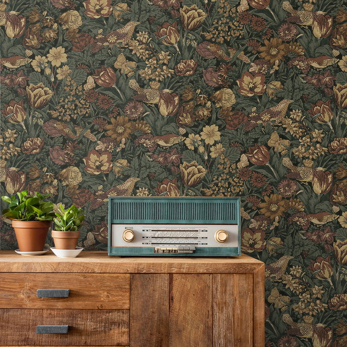 Seabrook Designs Bird Floral Mahogany &amp; Graphite Prepasted Wallpaper image 4 of 4