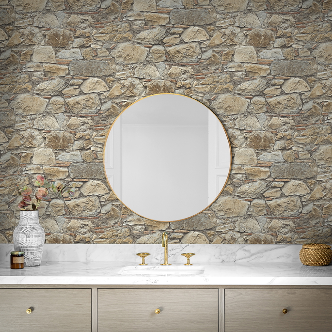 Seabrook Designs Faux Stone Wall Toffee &amp; Ivory Prepasted Wallpaper image 2 of 5