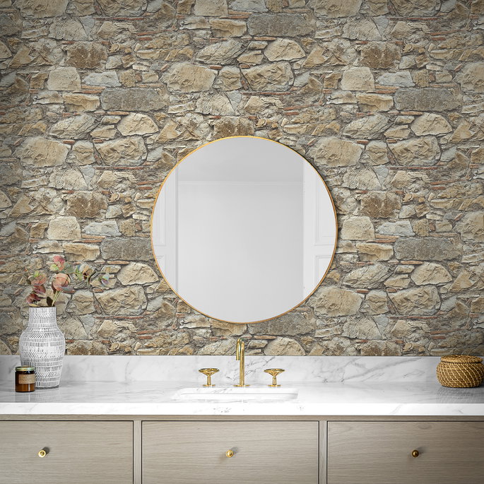 Seabrook Designs Faux Stone Wall Toffee &amp; Ivory Prepasted Wallpaper image 2 of 5