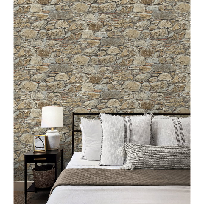 Seabrook Designs Faux Stone Wall Toffee &amp; Ivory Prepasted Wallpaper image 3 of 5