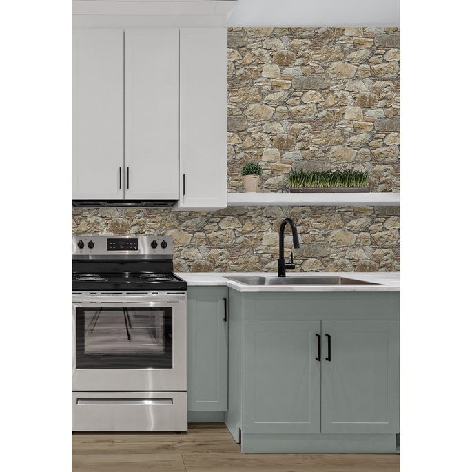 Seabrook Designs Faux Stone Wall Toffee &amp; Ivory Prepasted Wallpaper image 4 of 5