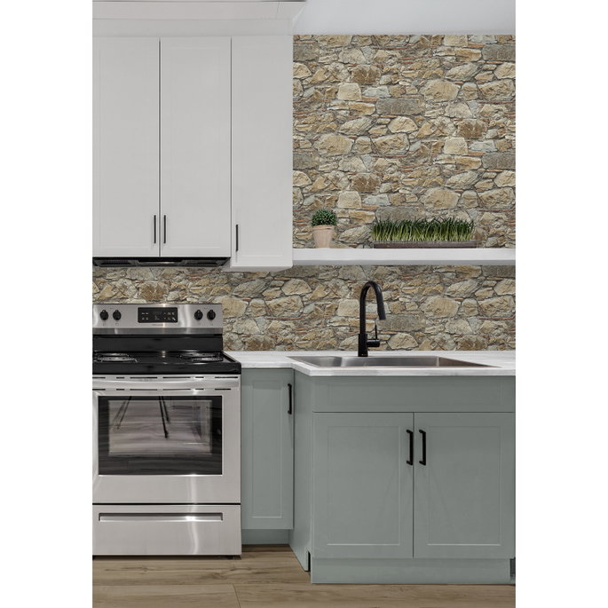 Seabrook Designs Faux Stone Wall Toffee &amp; Ivory Prepasted Wallpaper image 4 of 5