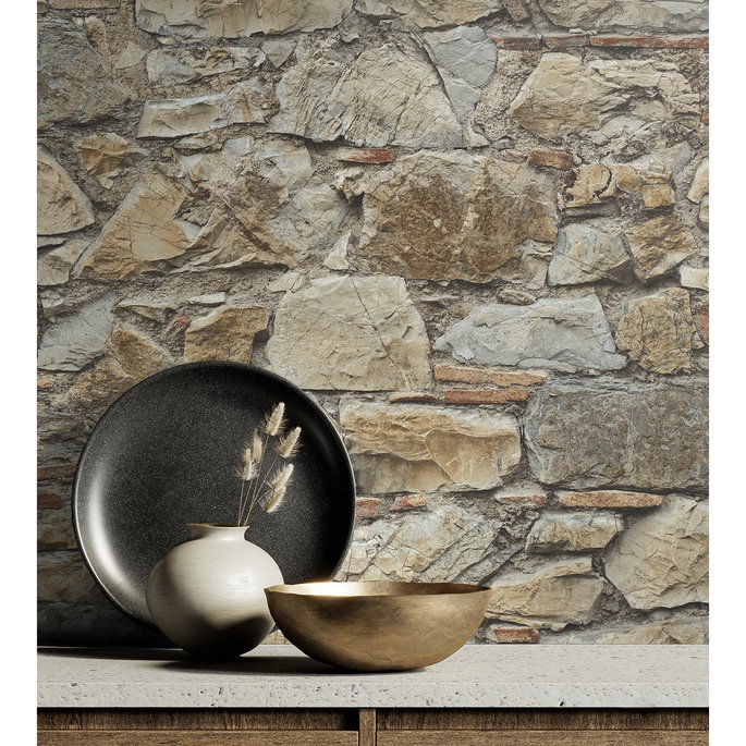Seabrook Designs Faux Stone Wall Toffee &amp; Ivory Prepasted Wallpaper image 5 of 5