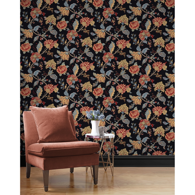Seabrook Designs Lana Jacobean Ebony Prepasted Wallpaper image 2 of 5