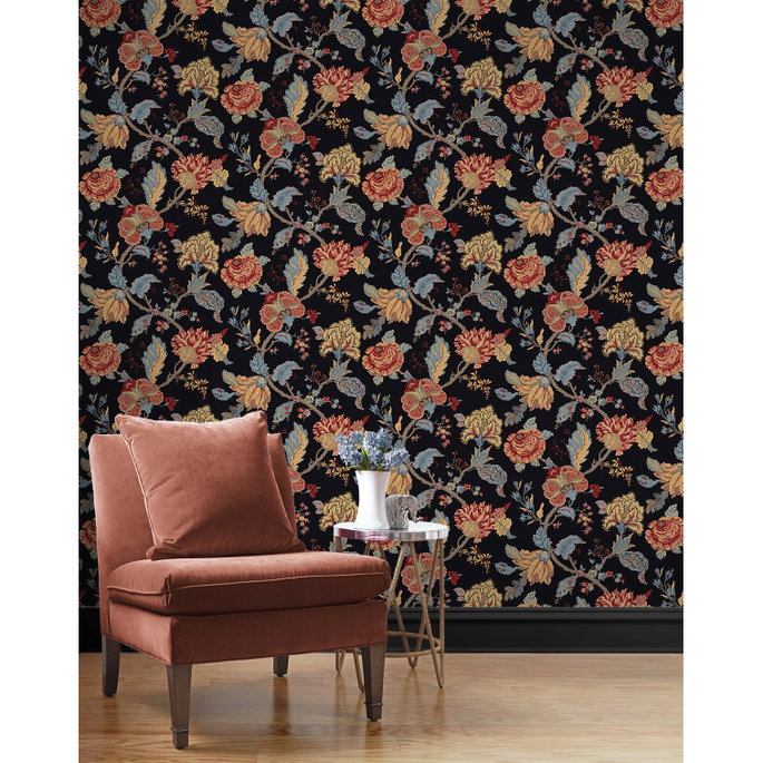 Seabrook Designs Lana Jacobean Ebony Prepasted Wallpaper image 2 of 5