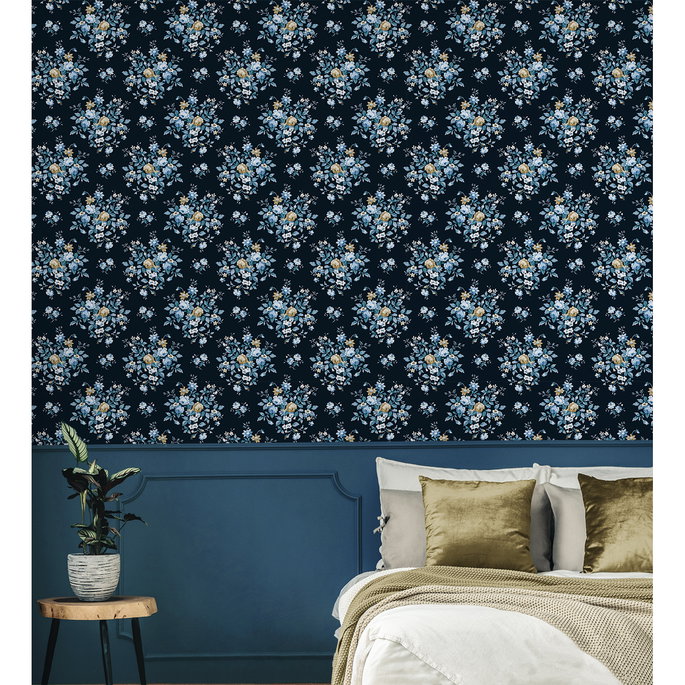 Seabrook Designs Floral Bouquet Midnight Blue &amp; Toffee Prepasted Wallpaper image 2 of 5