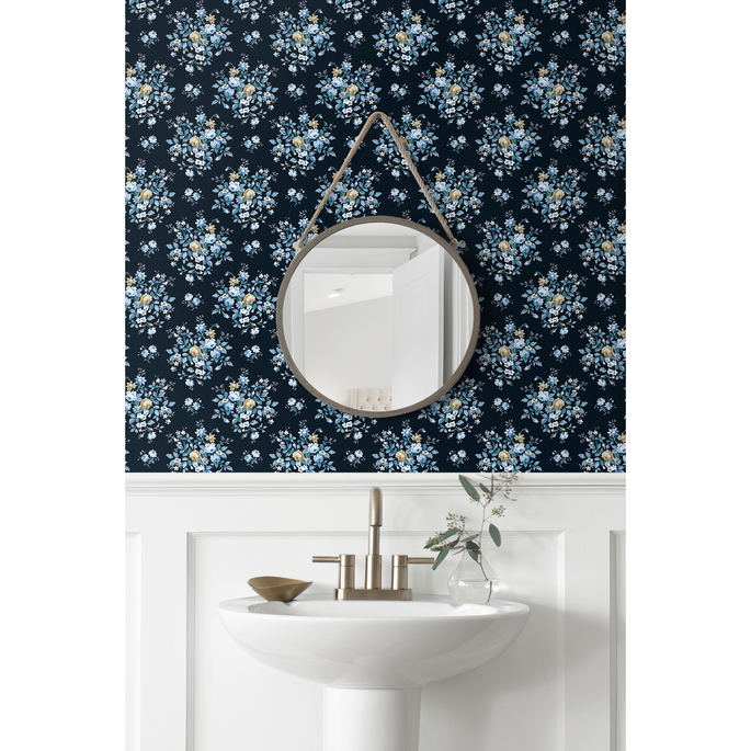 Seabrook Designs Floral Bouquet Midnight Blue &amp; Toffee Prepasted Wallpaper image 3 of 5