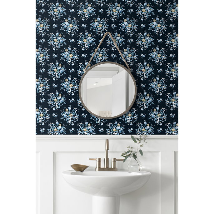 Seabrook Designs Floral Bouquet Midnight Blue &amp; Toffee Prepasted Wallpaper image 3 of 5